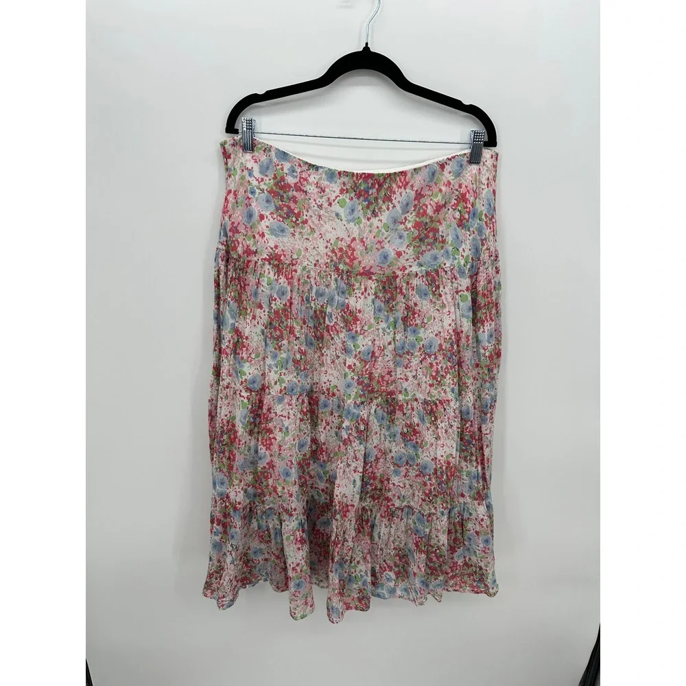 Chaps Denim Womens Large Pink Blue Floral Tiered Cotton Midi Skirt Boho Cottage